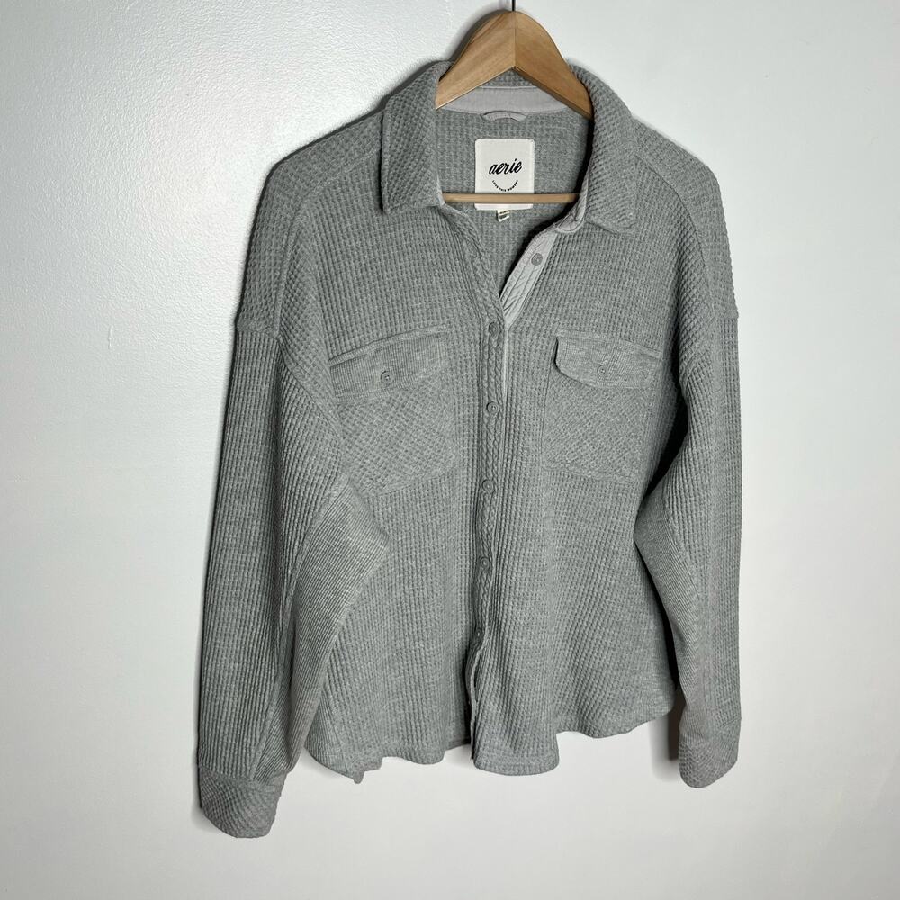 Aerie Lumberjane Waffle Knit Cardigan Sweater Womens Small Gray Button Up - Picture 3 of 9